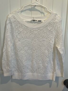 JEANNE PIERRE White Openwork Knit Crewneck Sweater
